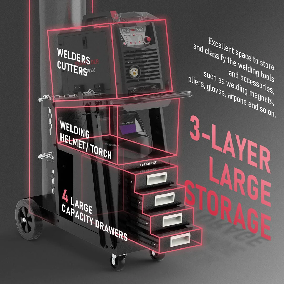 Heavy Duty Welding Cart with Drawers for MIG/TIG/Plasma Cutters, Tilt or Flat Top Design, Large Storage & 360° Rolling Wheels - Image 7